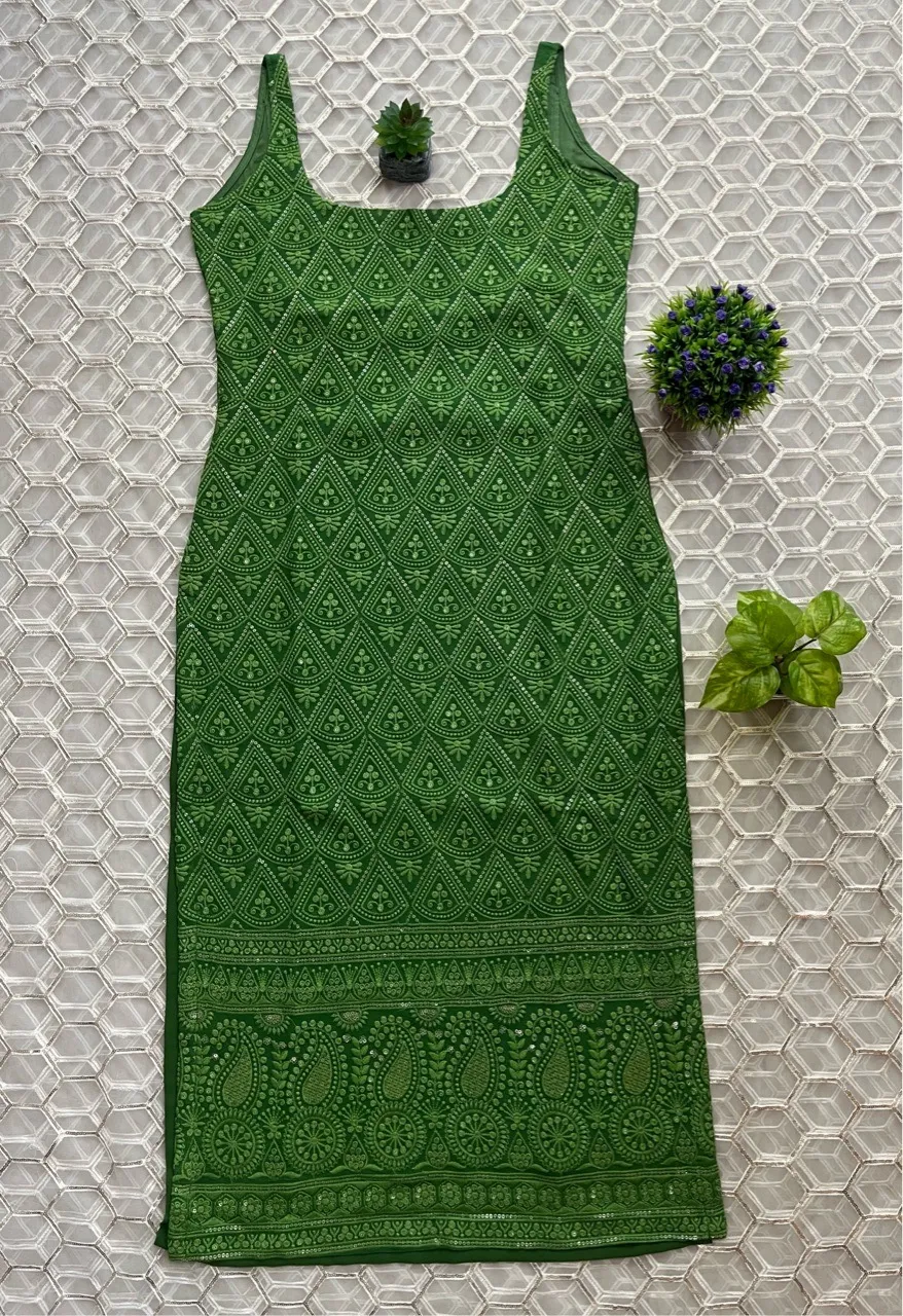 Long Chikankari Kurti - Green view 3