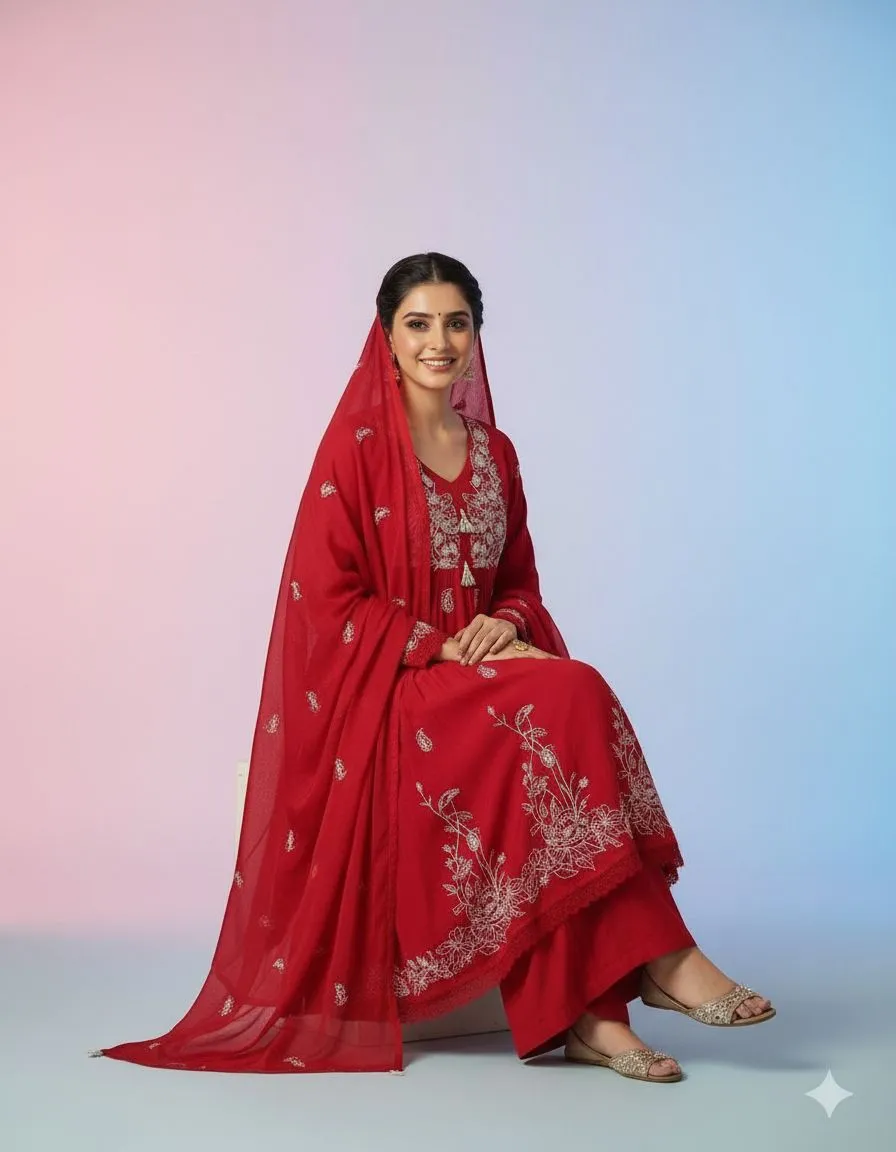 Red Embroidered Salwar Suit view 2