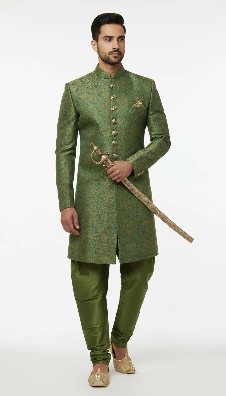 Designer Embroidered Green Sherwani view 3