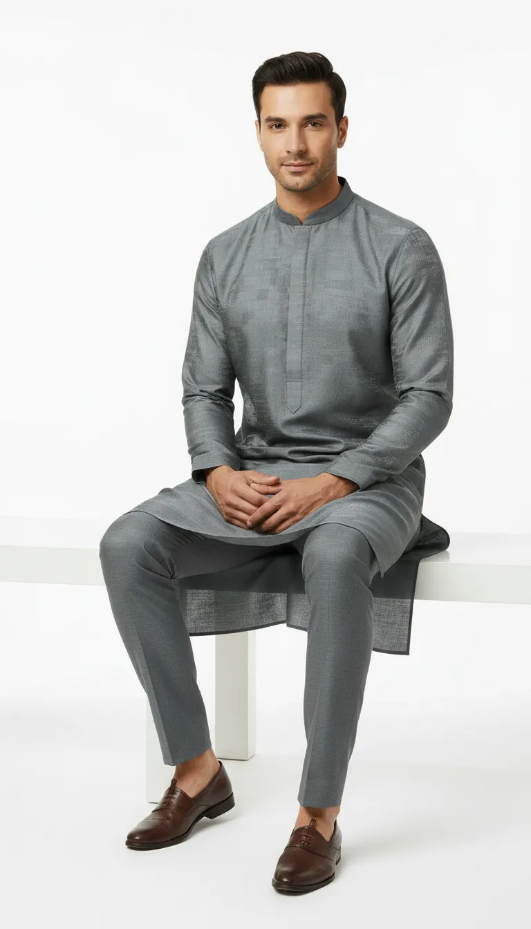 Mens Designer Gray Kurta paired with pant pajama  view 3