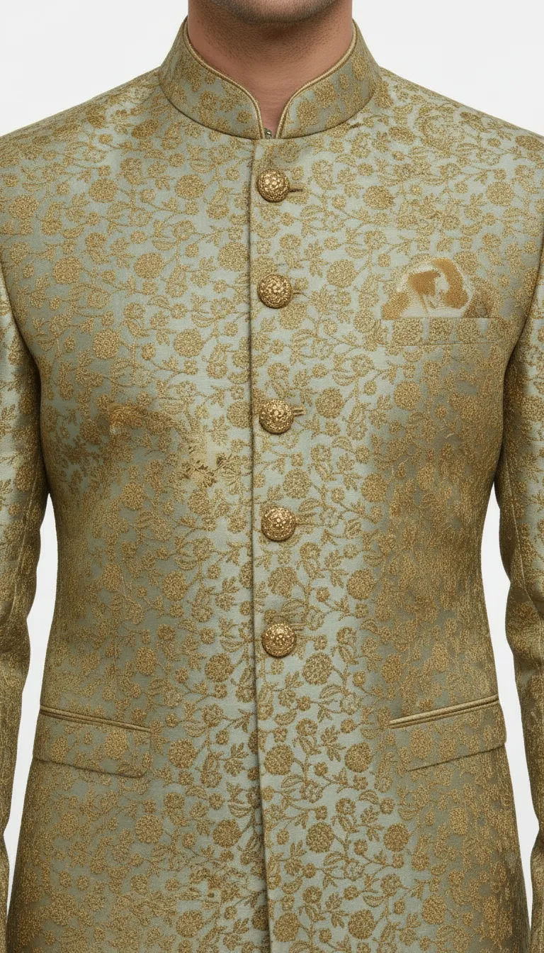 Mens Designer Gold Jacquard Sherwani view 2