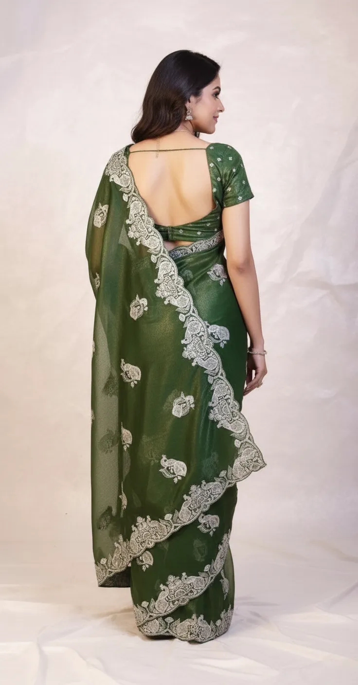 Embroidered Green Saree. view 2