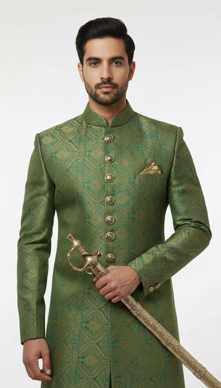 Designer Embroidered Green Sherwani view 6