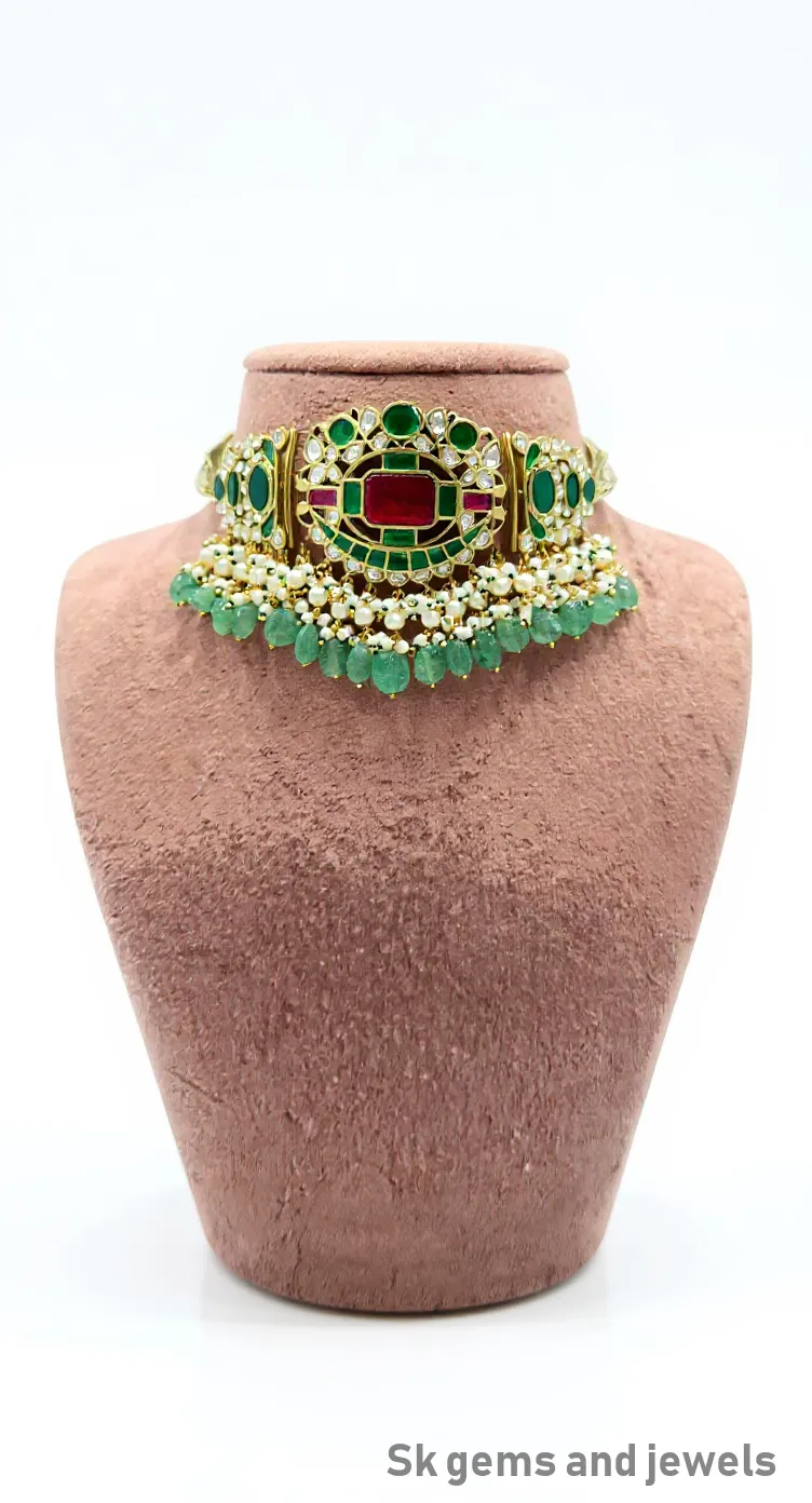 Emerald and Jadau Kundan Choker Set view 2