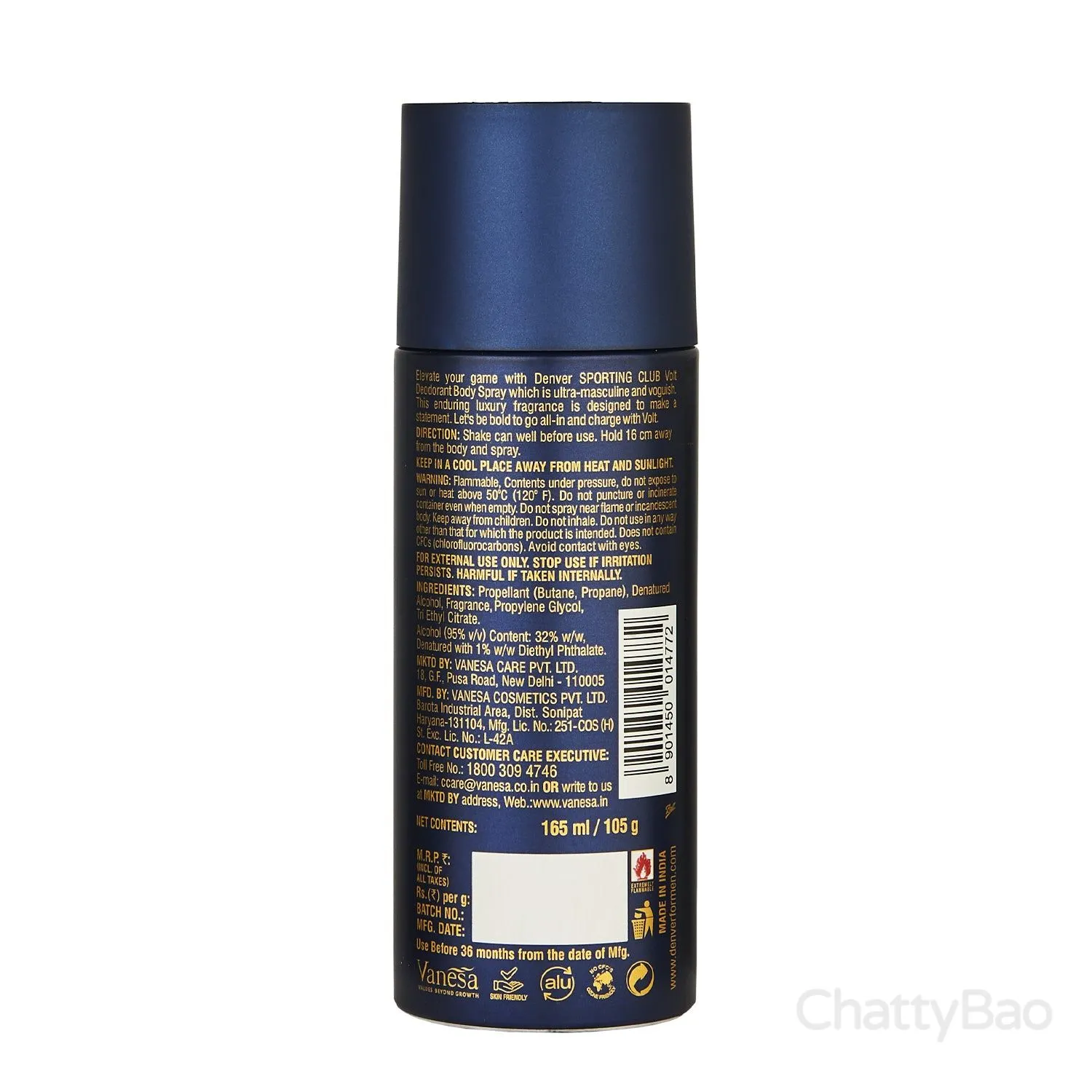 Denver Volt Body Spray Deodorant 165 ml view 3
