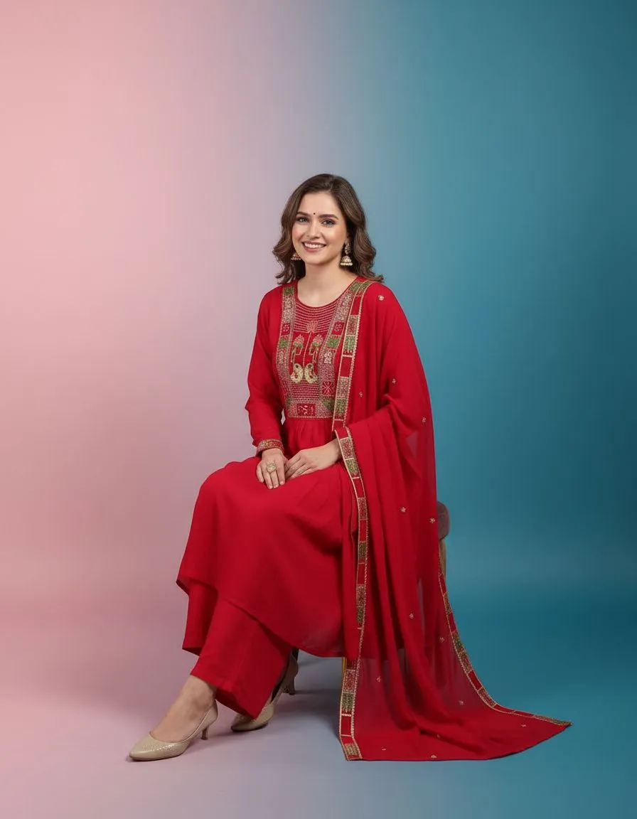 Embroidered Red Salwar Suit view 2