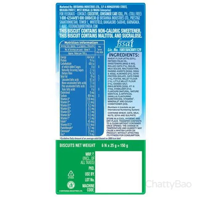 Britannia NutriChoice Oats Cookies Diabetic Sugar 150 g view 3