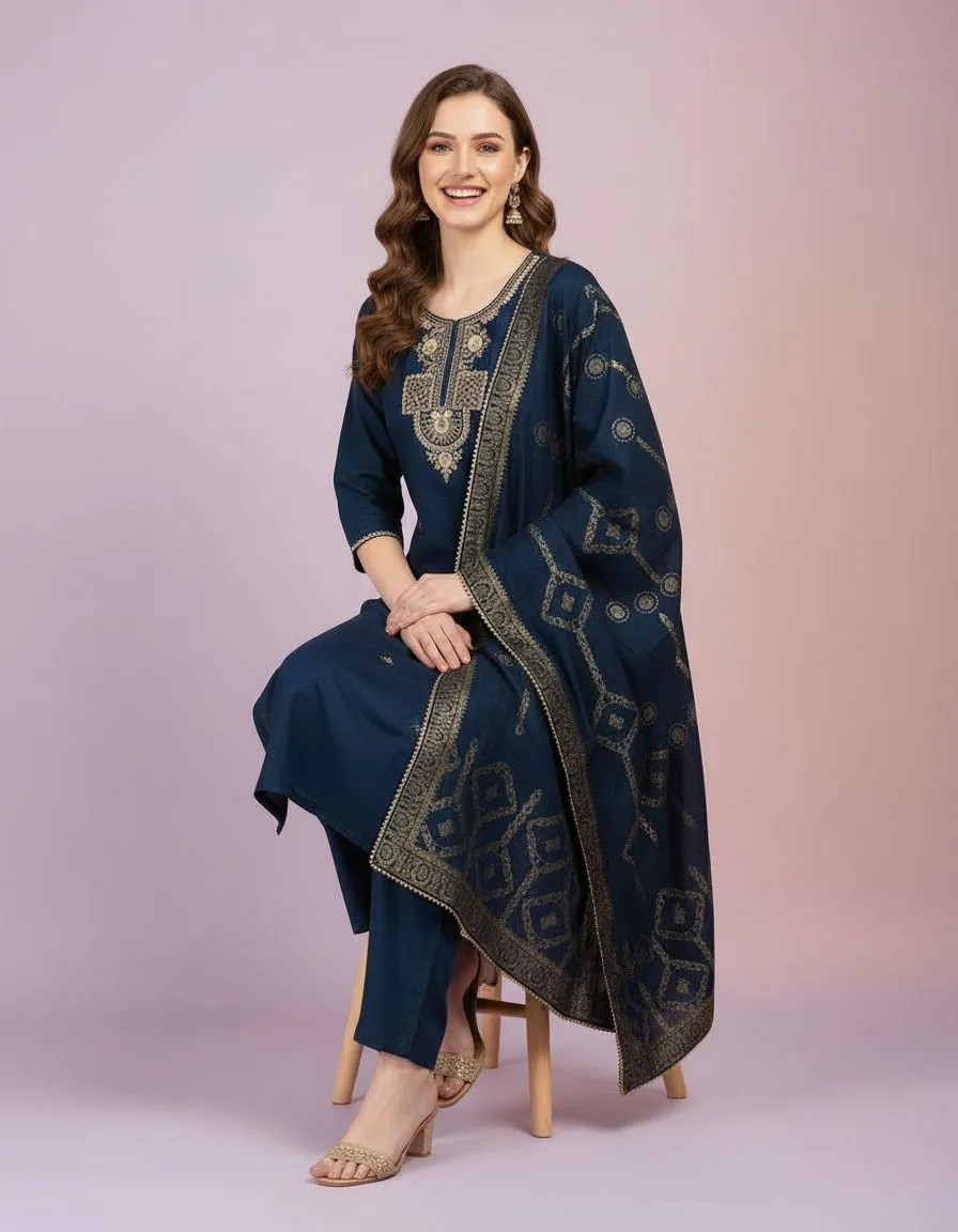 Navy Blue Embroidered Salwar Kameez Set view 2