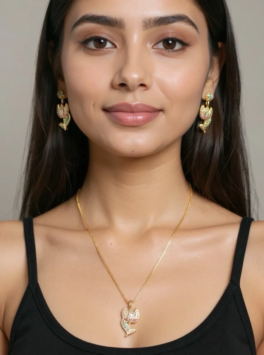Lotus Pendant Necklace and Earrings Set view 3