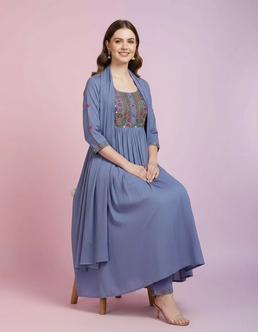 Embroidered Blue Kurti Set view 2