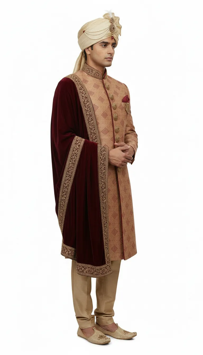 Designer Maroon combination Sherwani view 4