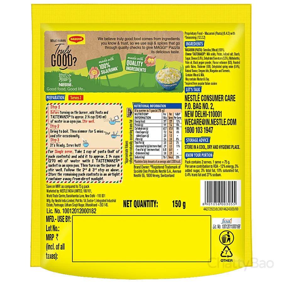 Maggi Pazzta Cheese Macaroni - 100% Suji/ Rawa 150 g view 2