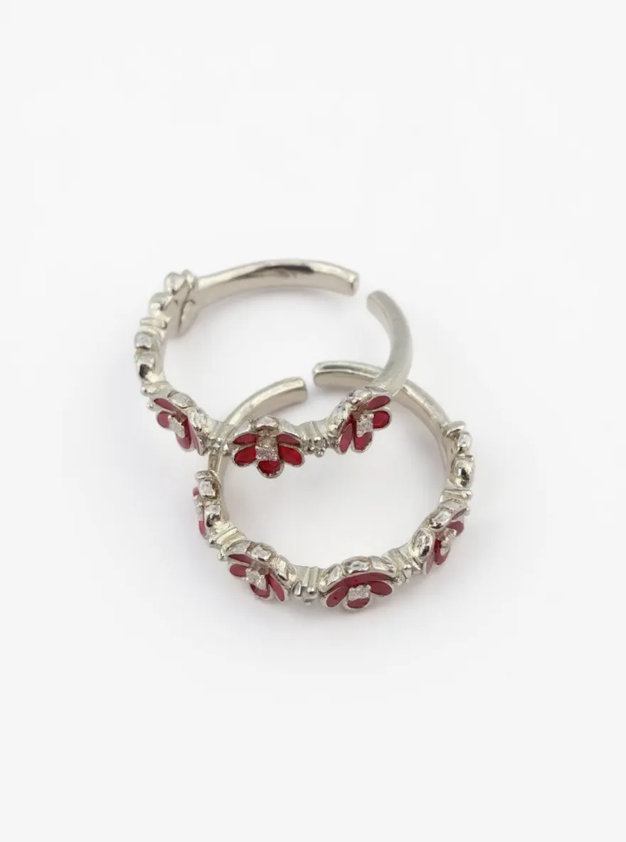Silver Hoop Toe Rings with Red Accents
