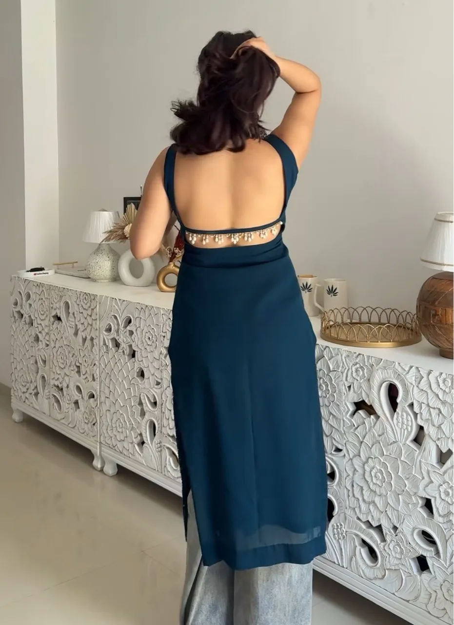 Long Chikankari Kurti- Teal view 3