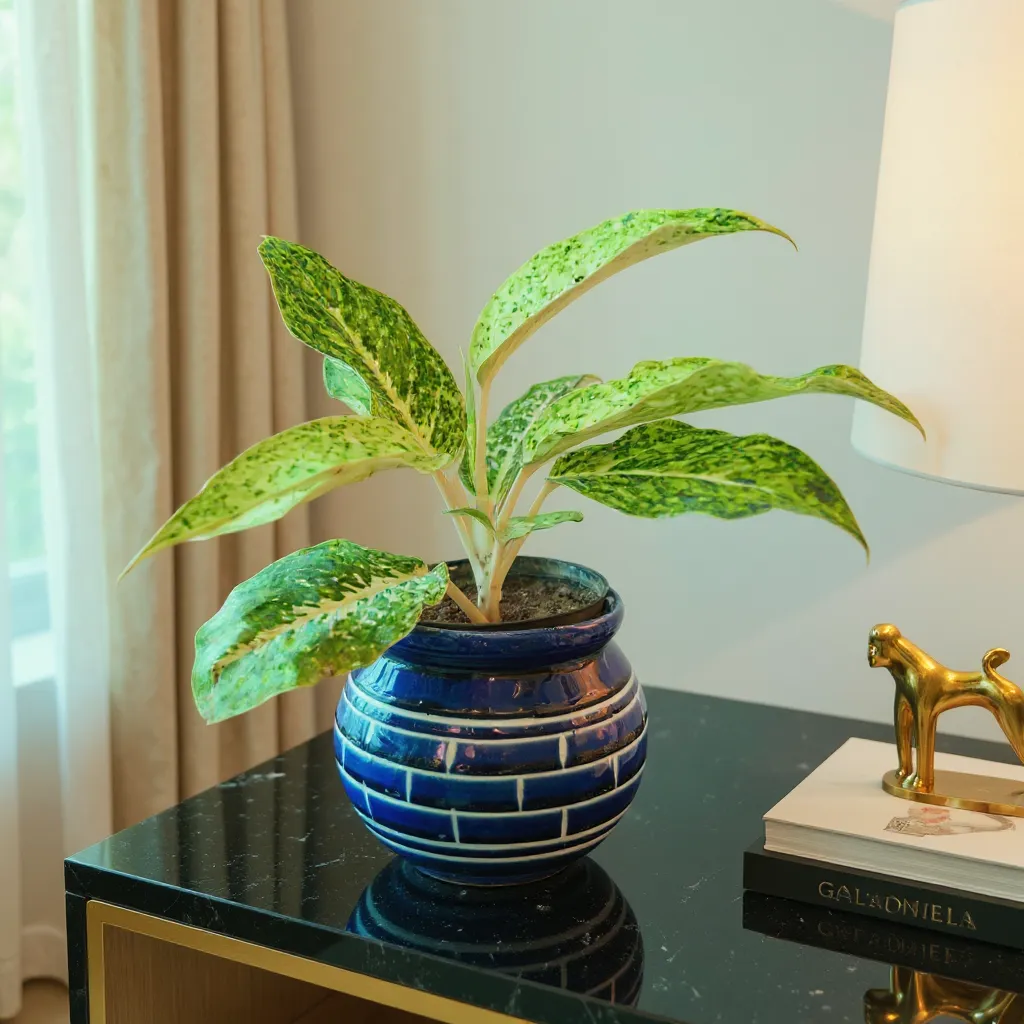 Aglonema Plant With Blue Ceramic Pot
