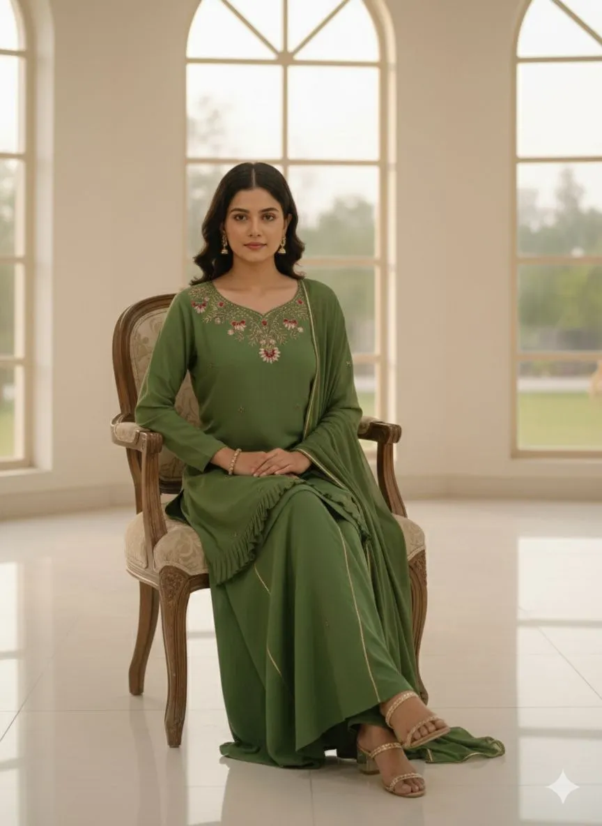 Green Embroidered Palazzo Set view 2