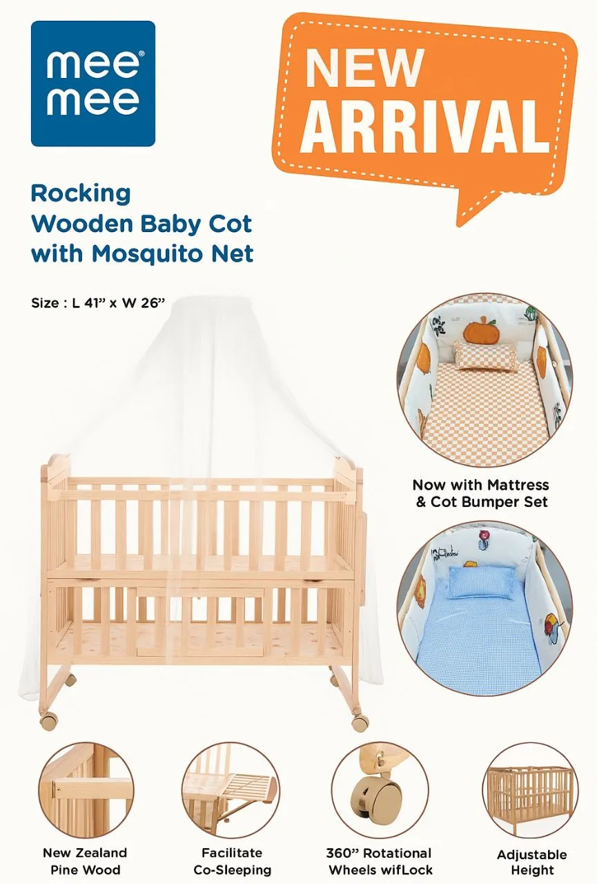 Mee Mee Rocking Wooden Baby Cot with Mosquito Net view 3