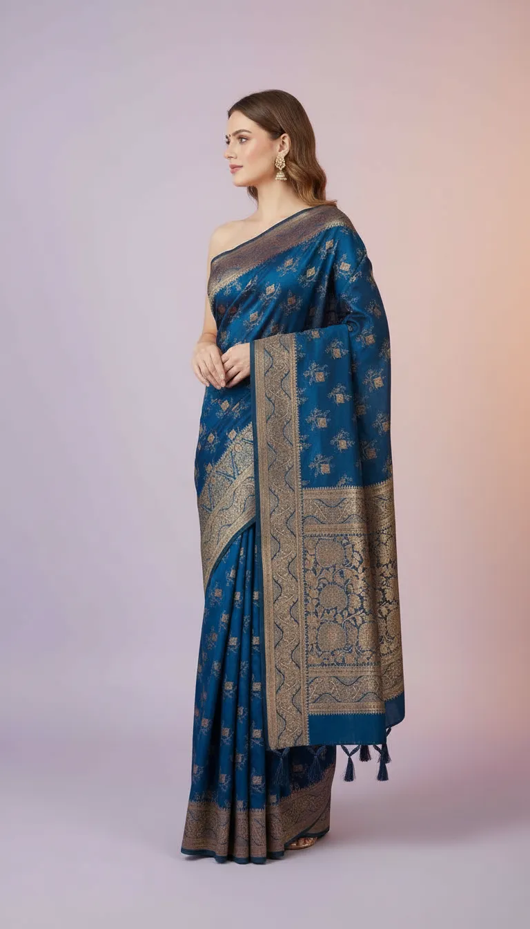 Royal Zari Woven Saree with Rich Golden Border & Tassels view 2