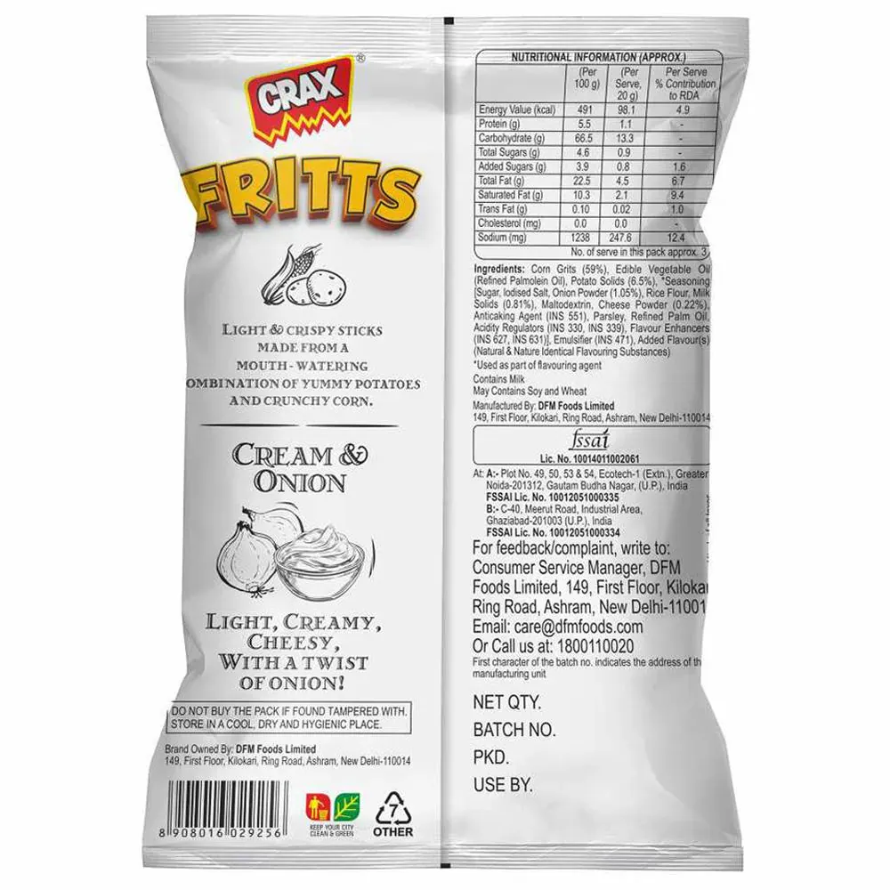 Crax Fritts Cream & Onion Corn And Potato Sticks 57 g view 2