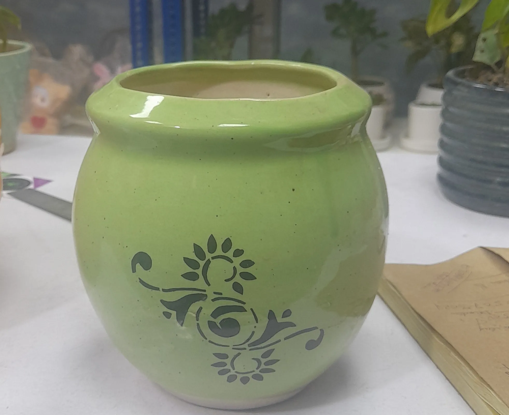 Green Ceramic Pot 6"H & 5"W view 2
