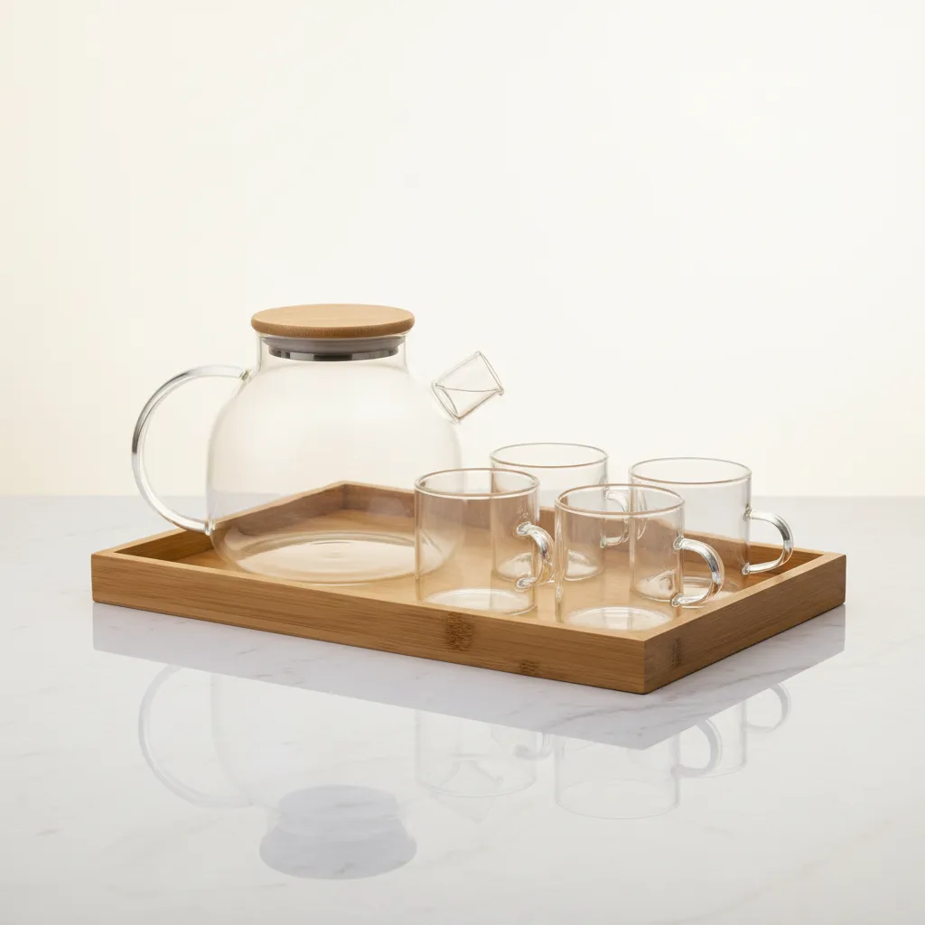 Glass Tea Set 6 Cup 1 Tea Pot With Wooden Tray view 2