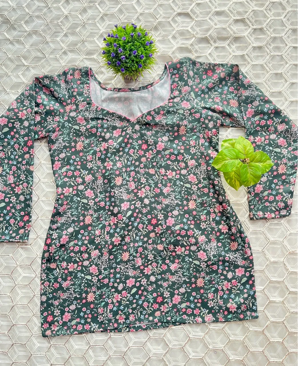 Green Floral Woolen Kurti view 3