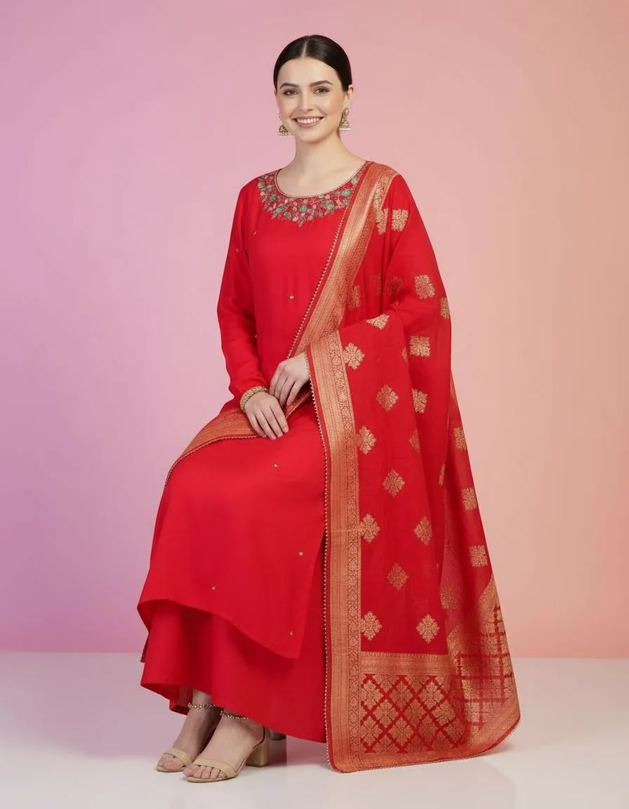 Red Embroidered Kurti with Dupatta view 2