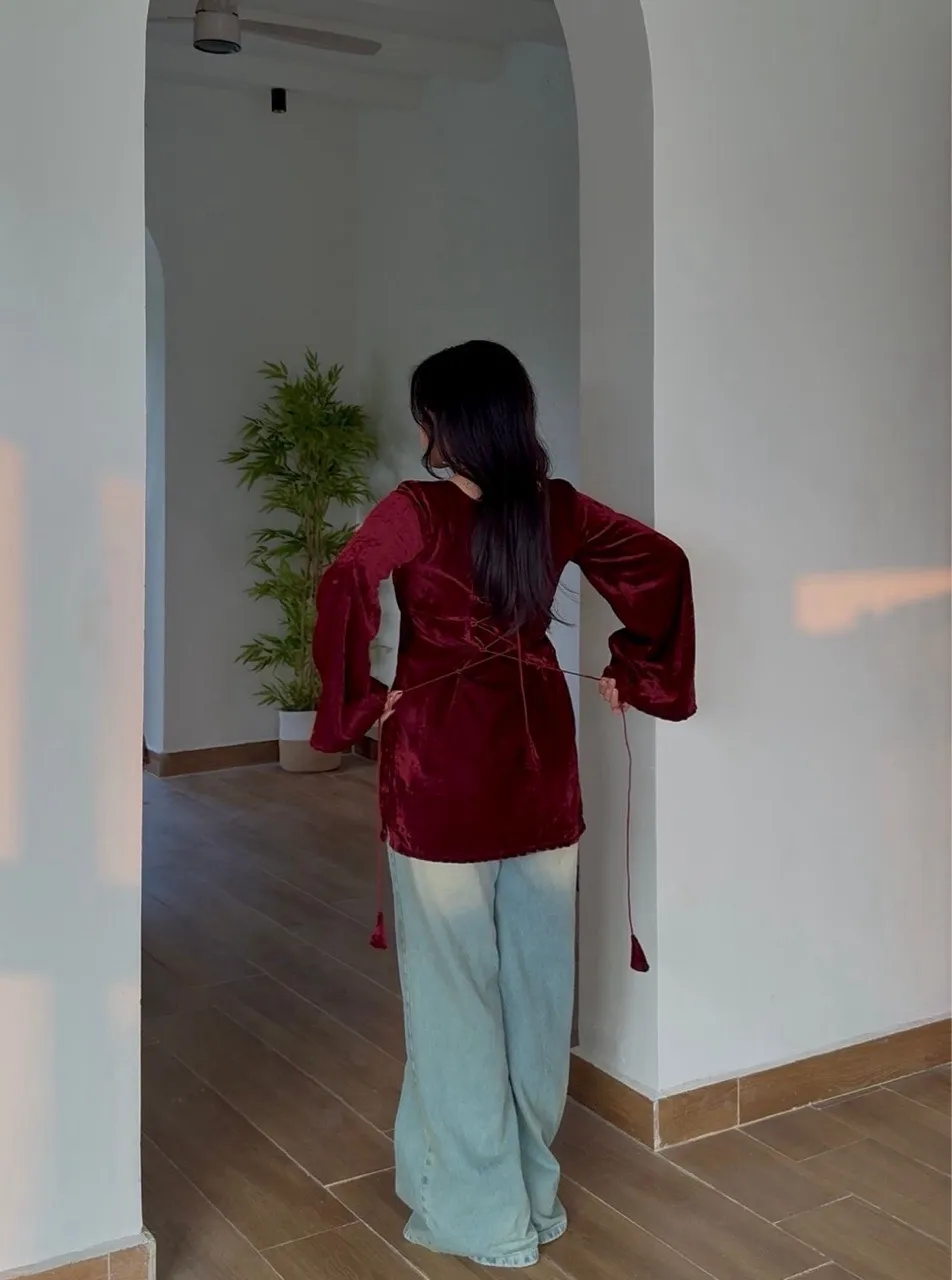 Velvet Halter Neck Kurti- Maroon view 4