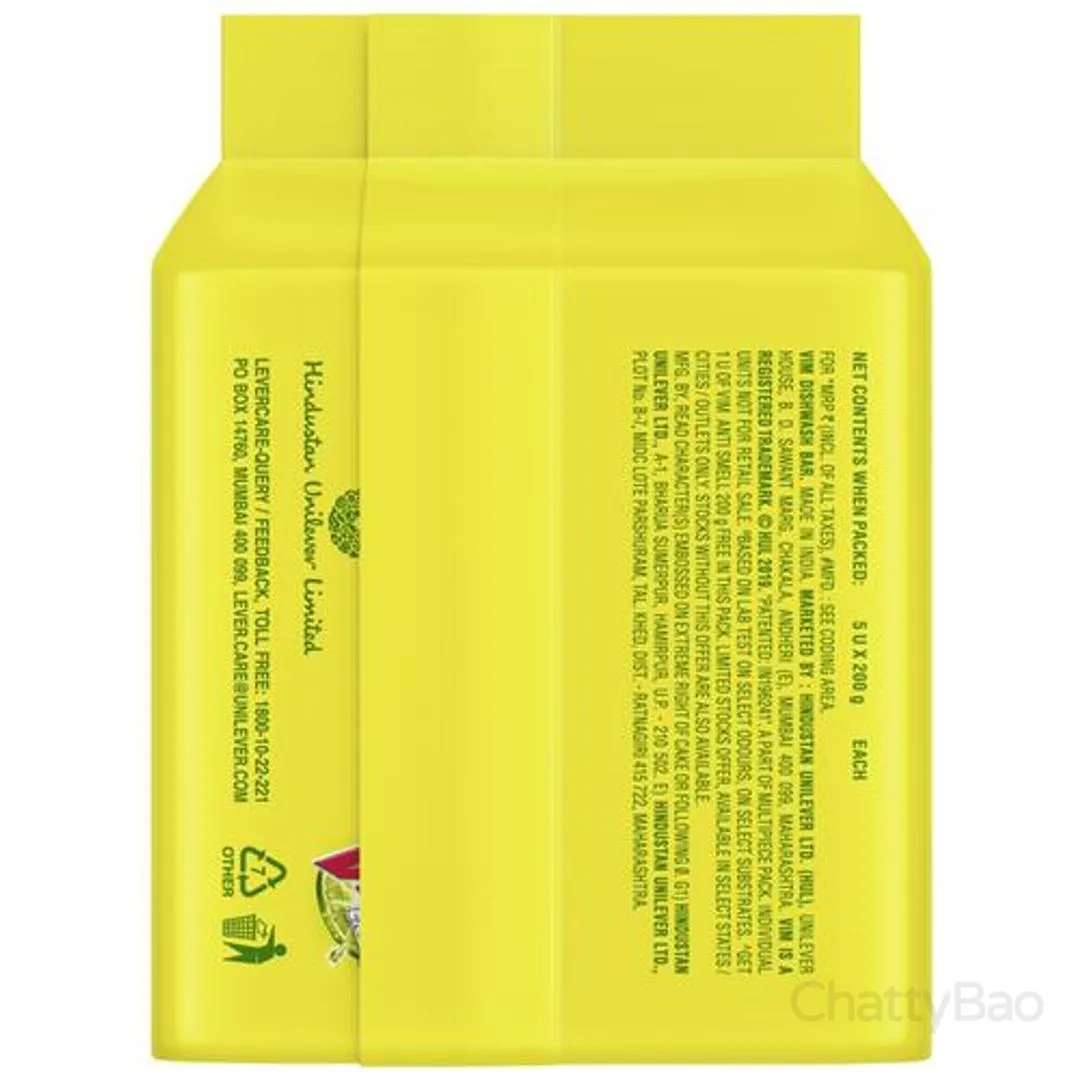 Vim Extra Anti Smell Dishwash Bar - Pudina 200 g each (Pack of 5) view 2