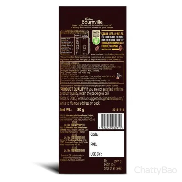Cadbury Bournville Cranberry Dark Chocolate Bar 80 g view 2