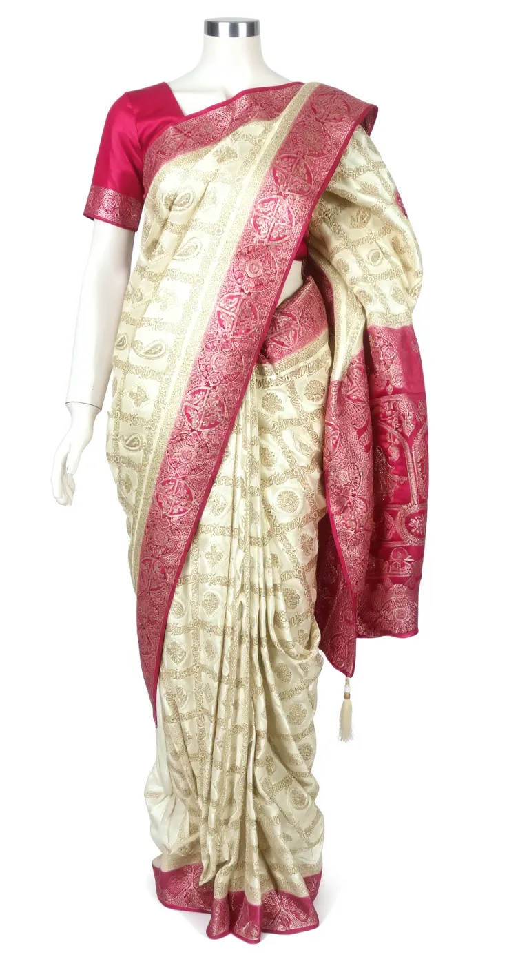 Banarasi White Red Silk Saree view 2