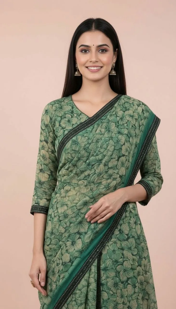 Elegant Green Floral Printed Saree with Designer Border view 3