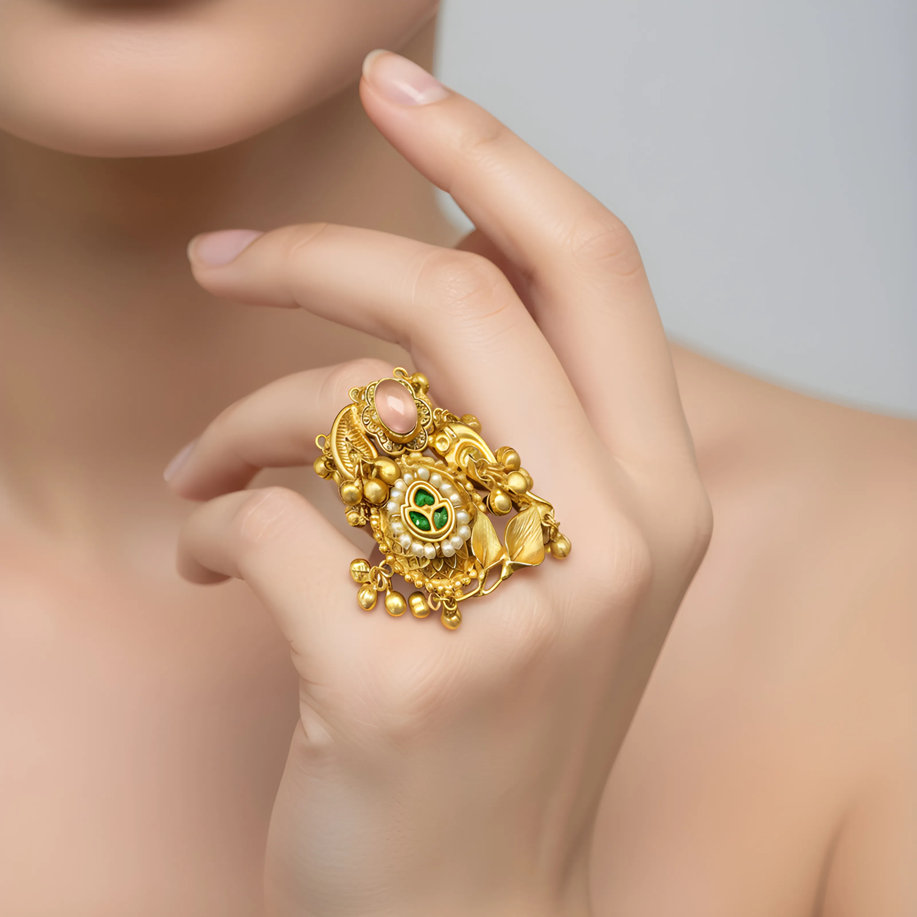 Gold Plated Pink Stone Amarpali Ring view 2