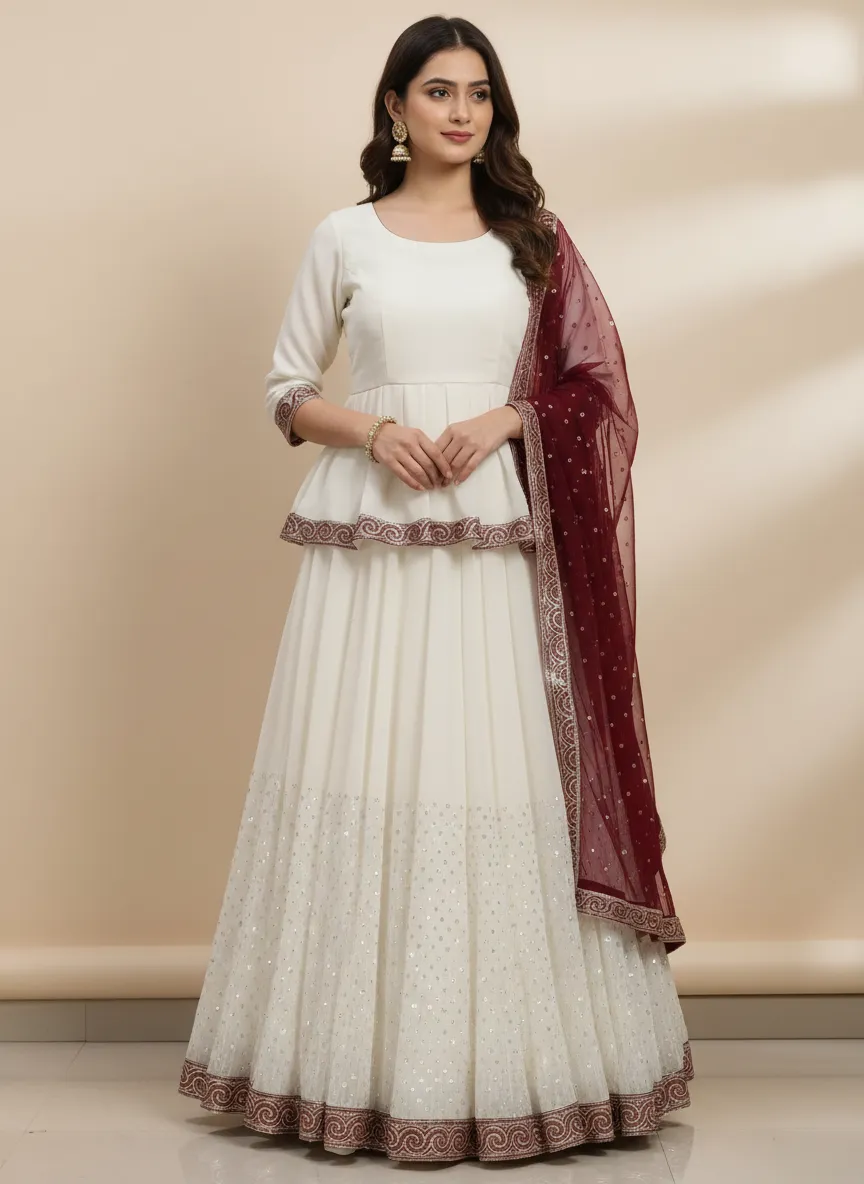 White Georgette Lehenga with Peplum Kurti and Net Dupatta