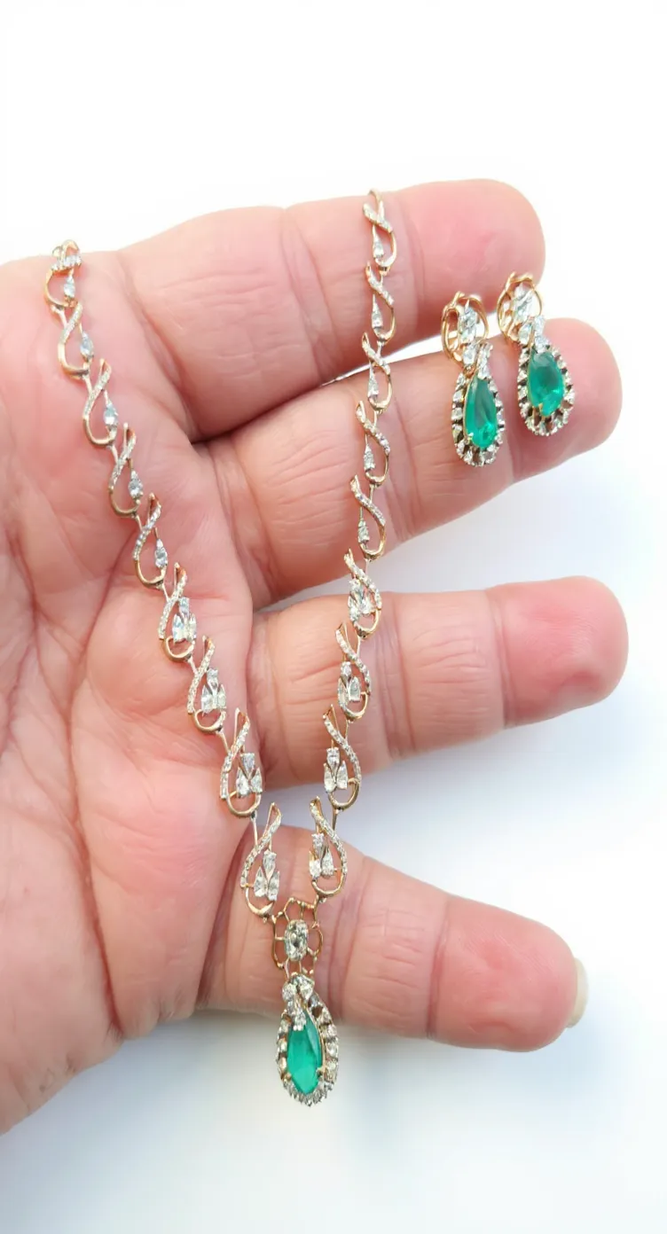 Emerald and Diamond Necklace and Earrings Set view 2