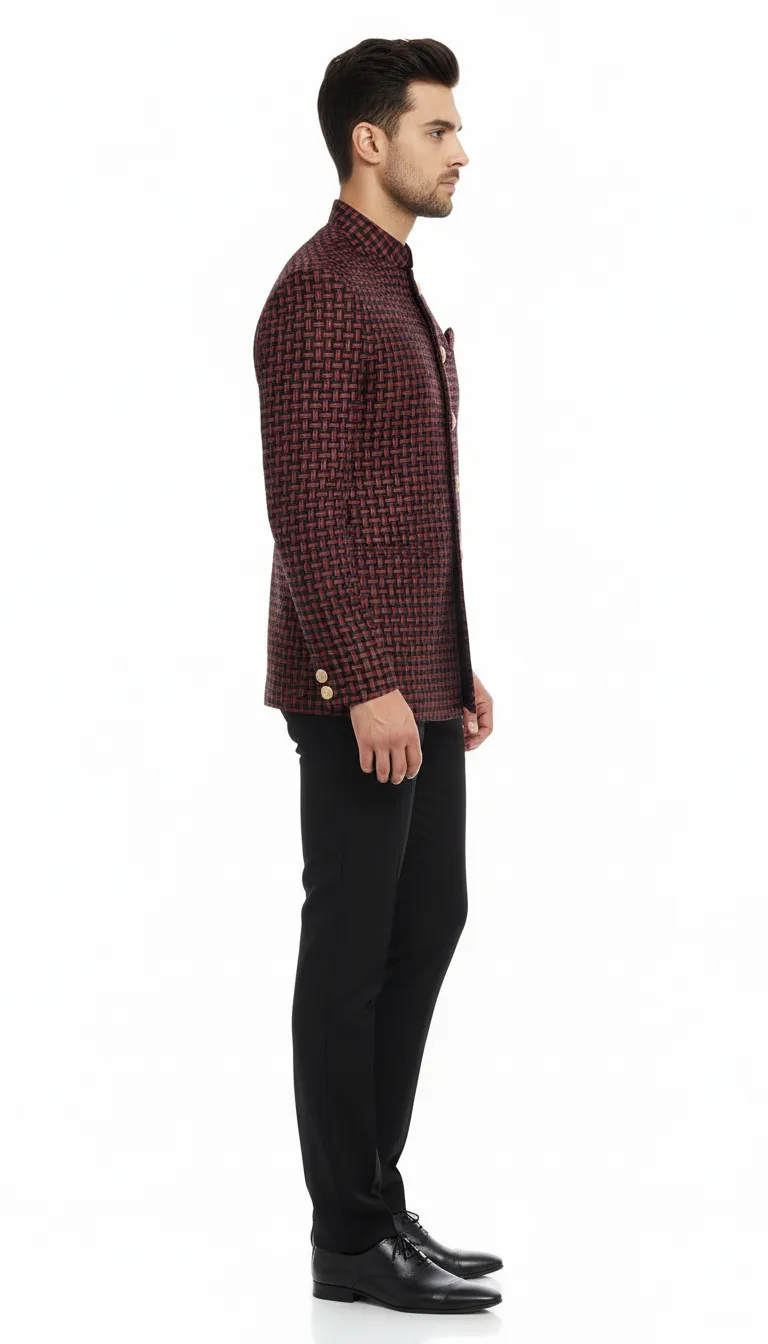 Designer Red Black Bandhgala Jacket Set view 2