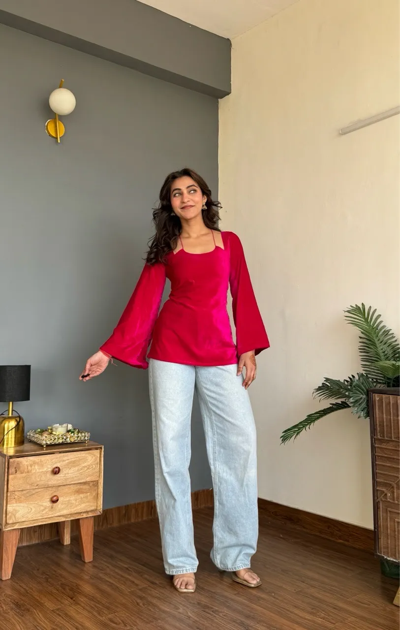 Velvet Halter Neck Kurti - Pink