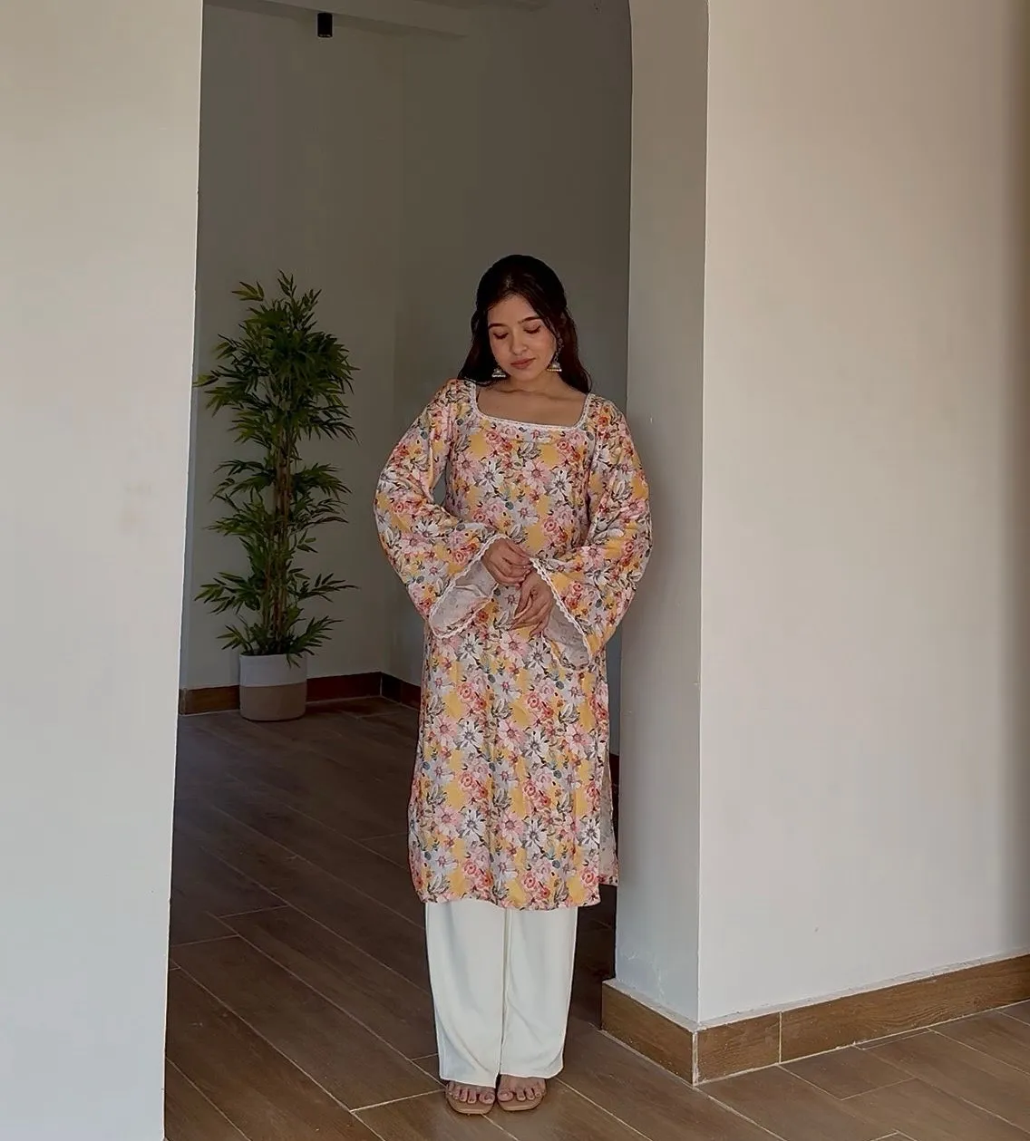 Floral Lace Trim Woolen Kurti - Yellow view 2