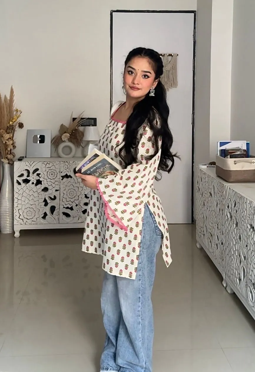 White Floral Kurti view 2