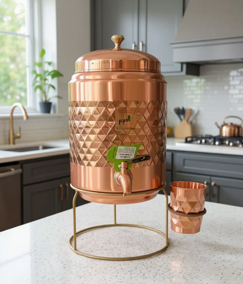 Pipal Copper Water Dispenser With Stand and Glass 8L