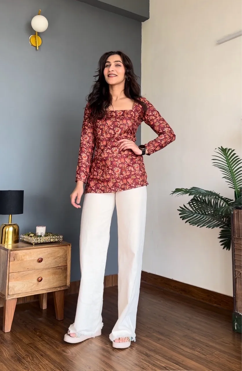 Brown Floral Woolen Kurti view 2