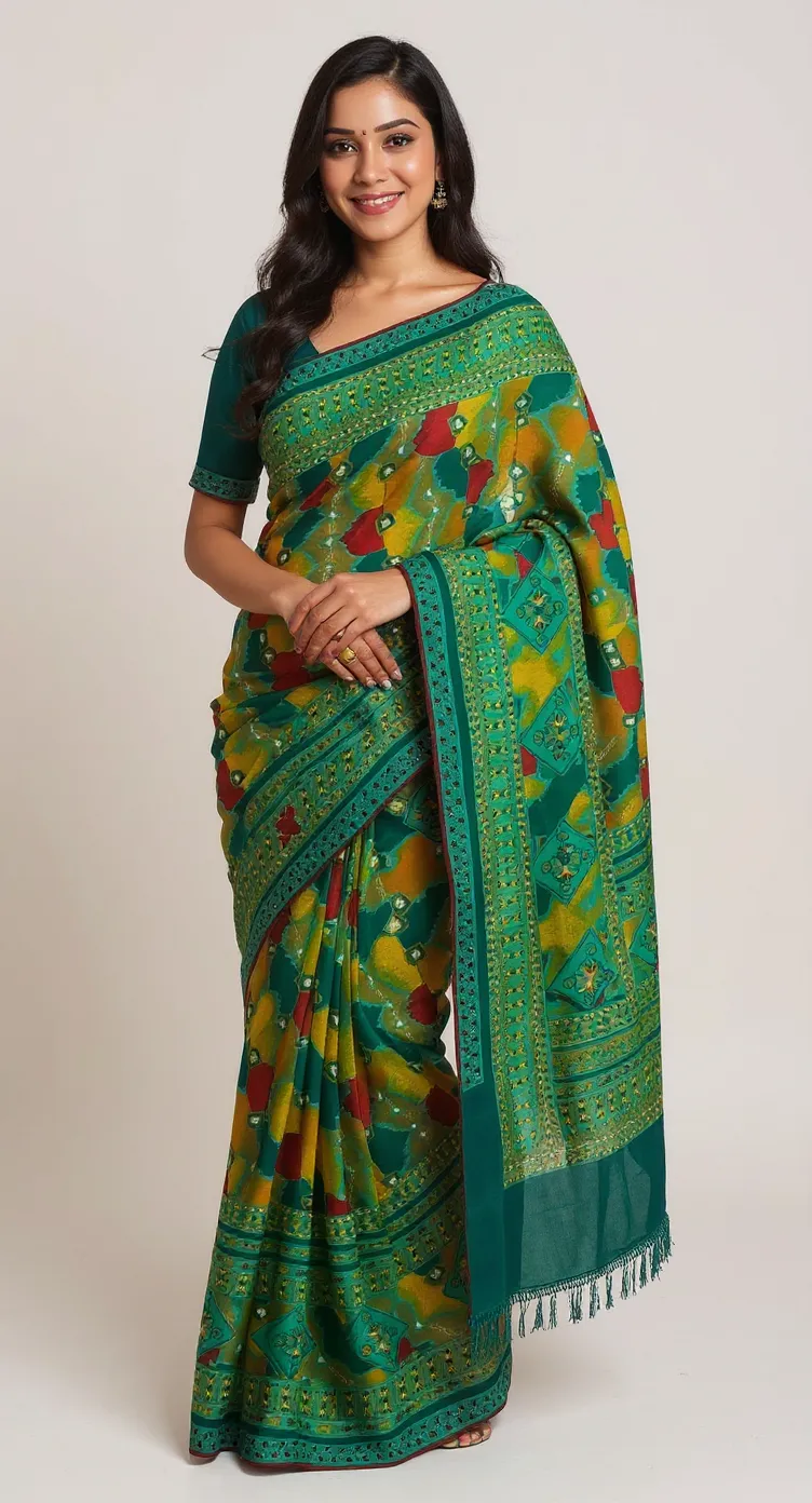 Elegant Green Printed Saree with Designer Border & Tassel Pallu