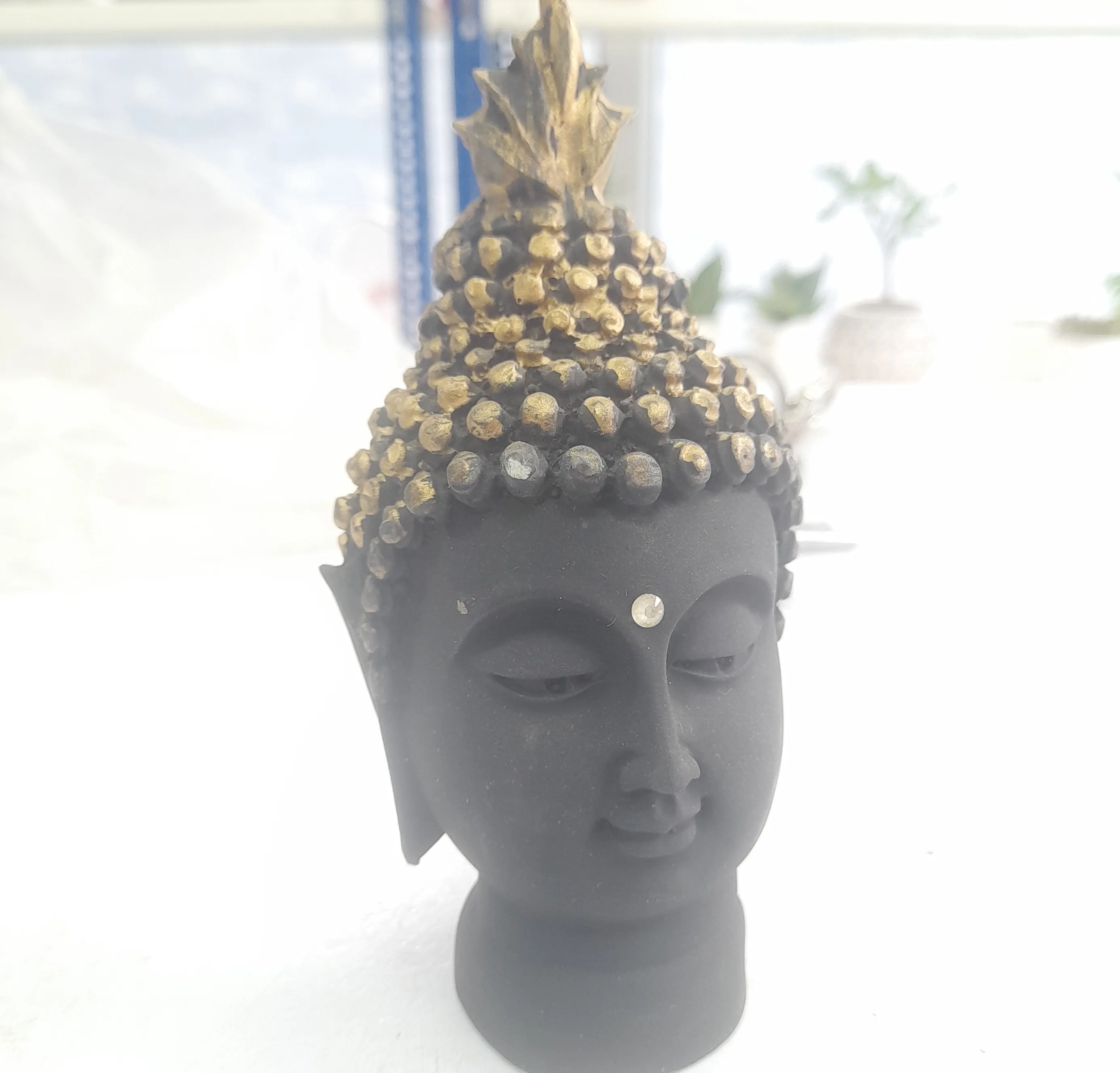 Resin Buddha Head Idol Statue Showpiece Sculpture (Golden, 5"H X 3"W) view 2