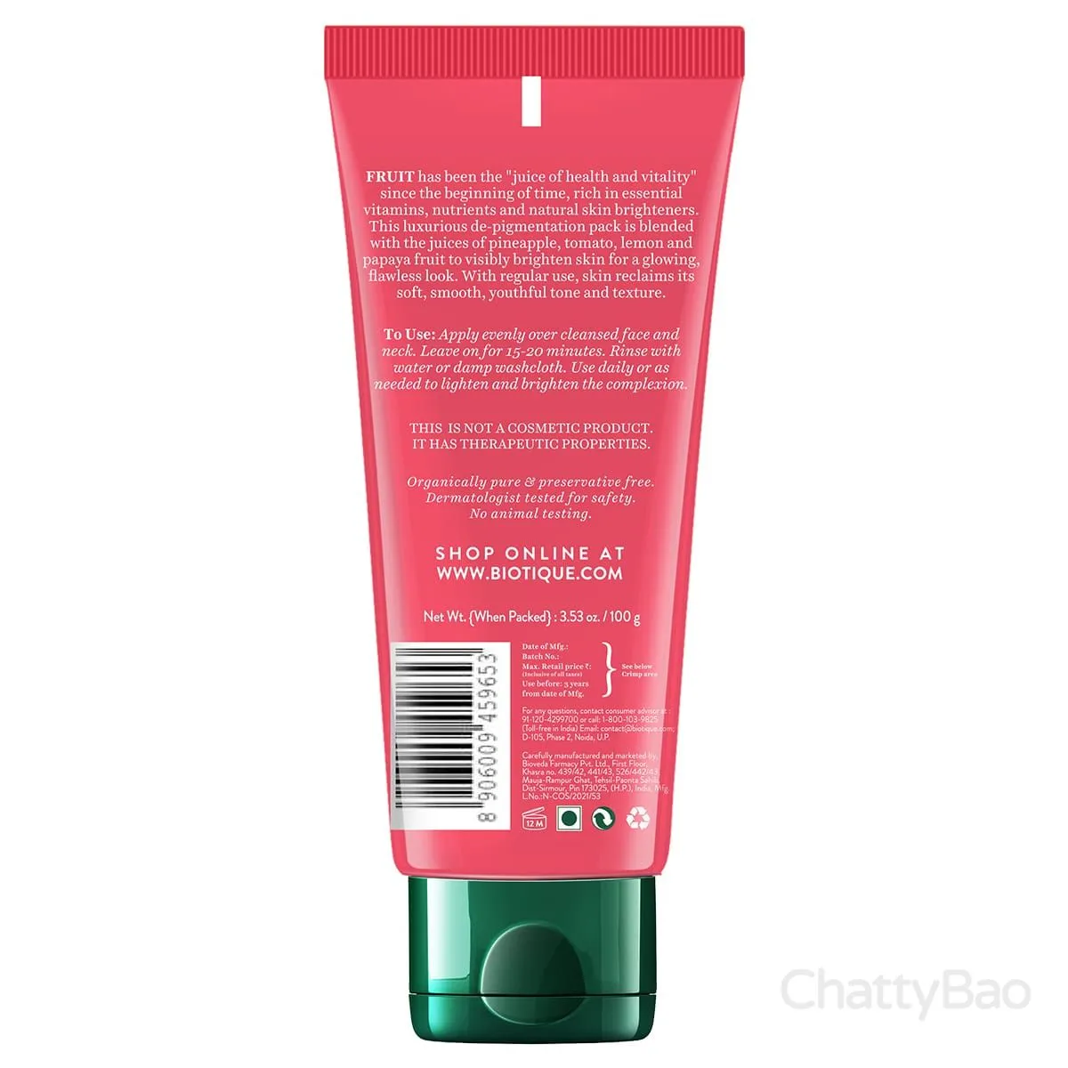 Biotique Fruit Brightening Depigmentation & Tan Removal Face Pack 100 g view 2