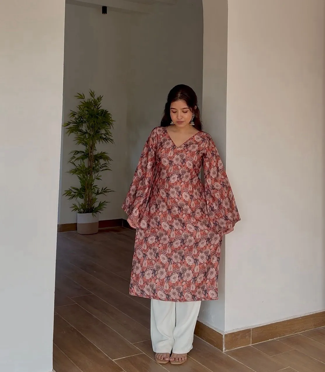Brown Long Floral Woolen Kurti view 4