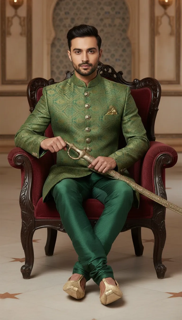 Designer Embroidered Green Sherwani view 4