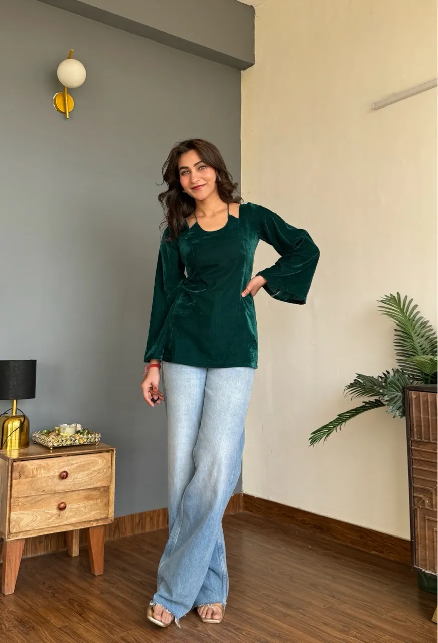 Velvet Halter neck kurti - Green