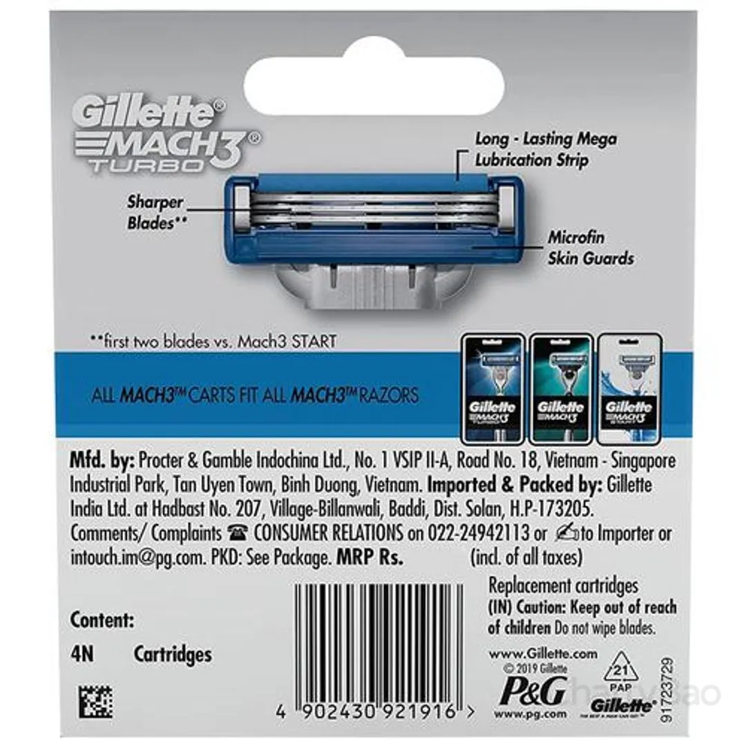 Gillette Mach3 Turbo Razor Cartridges / Shaving Blade 4 Pieces view 2