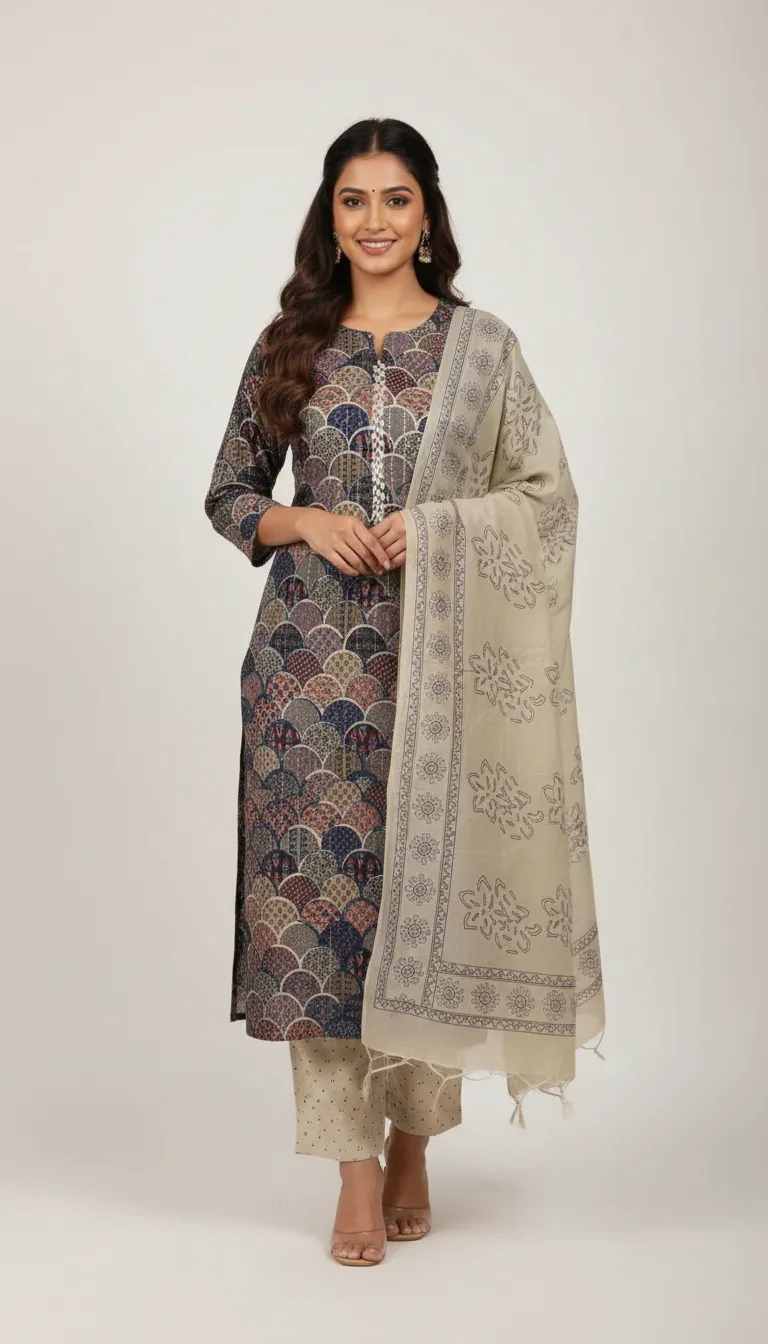 Embroidered Geometrical Print Kurta Set