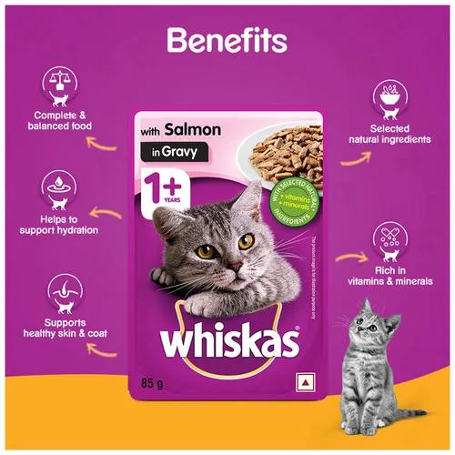 Whiskas Wet Cat Food - Adult 1+ Year Salmon In Gravy For Balanced Nutrition Shiny Coat 85 g view 6
